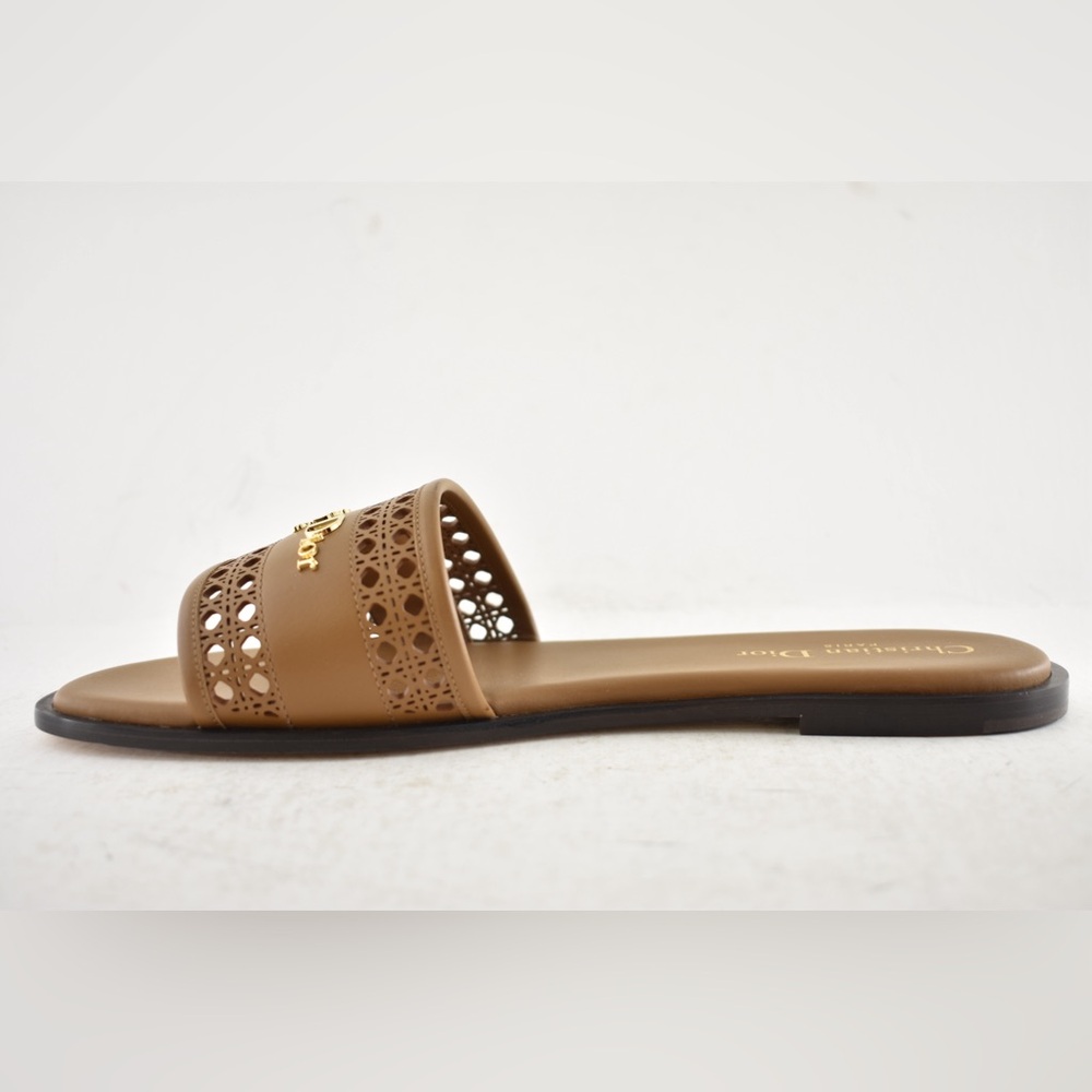 Dior D-Lane Dway Micro Cannage Chestnut Brown Leather Logo Slide Flat Sandal 39 - Picture 13 of 16